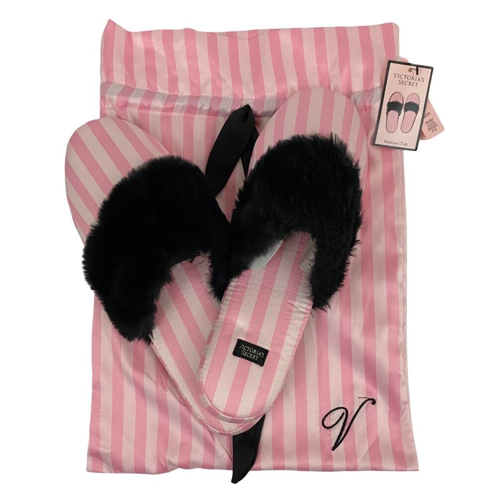 Victoria’s Secret Satin Pink Striped Slippers Black Faux Fur Slip Ons Size M 7/8
